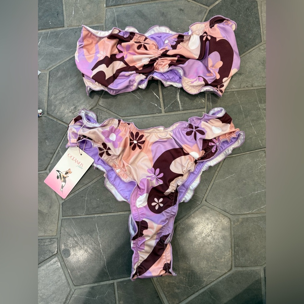 Oceanus Teresa Lavender Floral Ruffle Bikini Set
